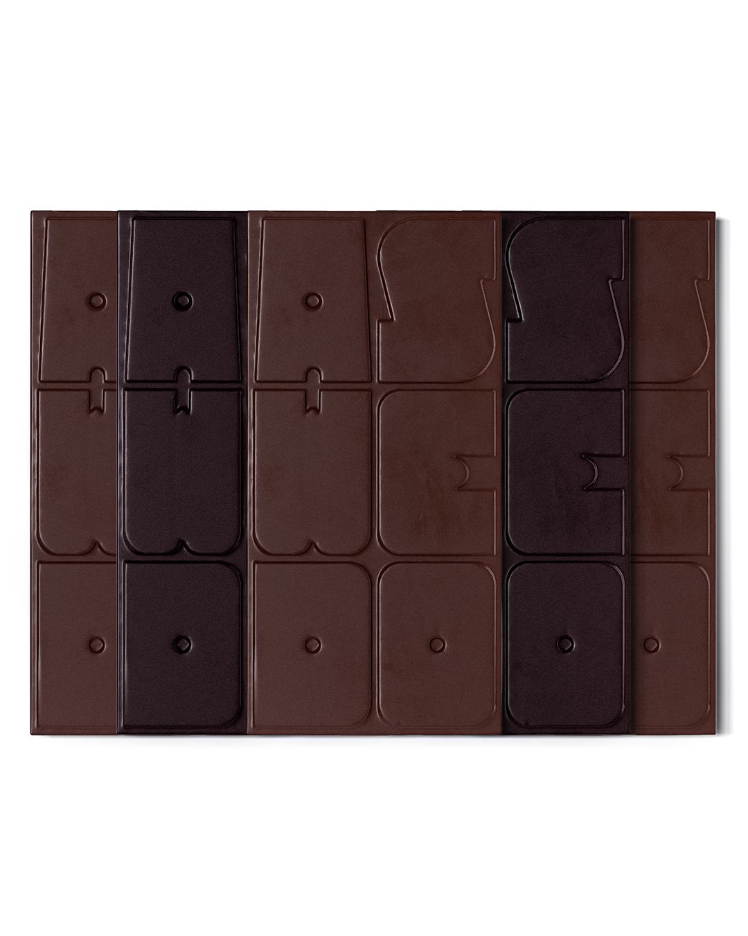 Chocolate bar with various shades of brown on a white background